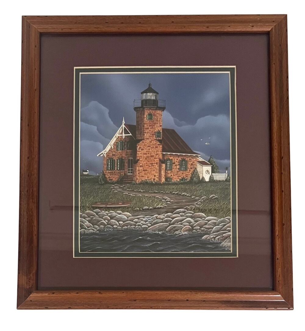 Vintage Debby Stewart Folk Art Framed Signed Sand Island Lighthouse 2000